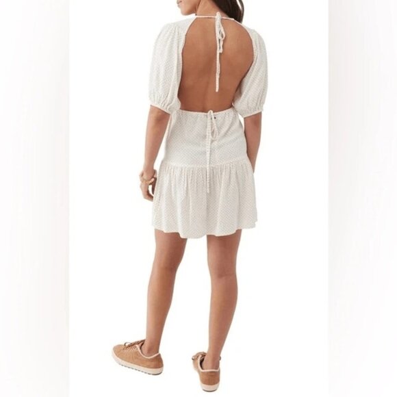 ONeill Mini Dress Size XL Tiered Polka Dot Open Back Elbow Sleeve Ivory Brown - Picture 2 of 9